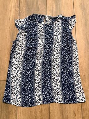 Navy and White Striped Floral Sleeveless Top